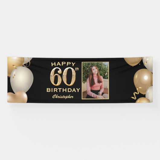 60th Birthday Party Black and Gold Balloons Foto Spandoek (Horizontaal)