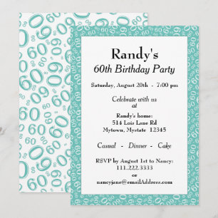60th Birthday Party Blauwgroen/White Number Patter Kaart