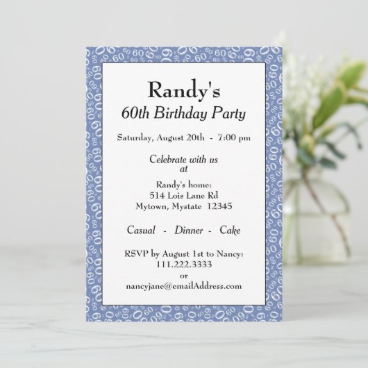 60th Birthday Party Blue and White Number Pattern Kaart (Staand voorkant)
