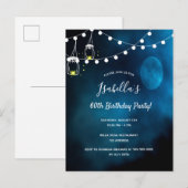 60th Birthday party blue moon light strings Uitnodiging Briefkaart (Voorkant / Achterkant)