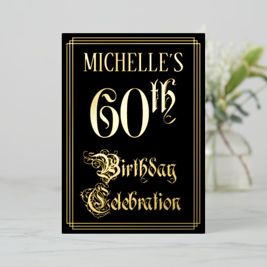 60th Birthday Party — Fancy script & aangepaste na Folie Uitnodiging (Staand Voorkant)