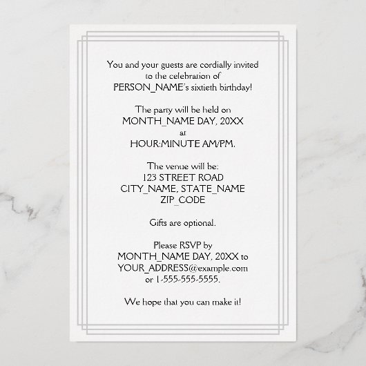 60th Birthday Party — Fancy script & aangepaste na Folie Uitnodiging (Achterkant)