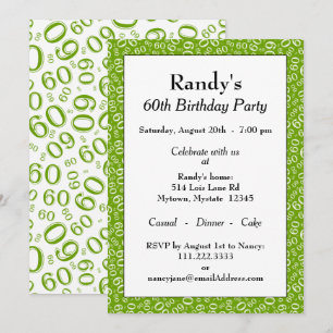 60th Birthday Party Green and White Number Pattern Kaart