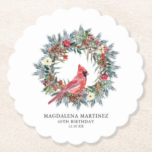 60th Birthday Party Red Cardinal Wreath Custom Kartonnen Onderzetters (Voorkant)