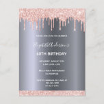 60th birthday rose gold glitter drips invitation<br><div class="desc">A modern, stylish and glamorous invitation for a 60th birthday party. A faux silver metallic looking background with an elegant faux rose gold glitter drip, paint drip look. The name is written with a modern white hand lettered style script. Templates for your party details. Tip: If you don't want it...</div>