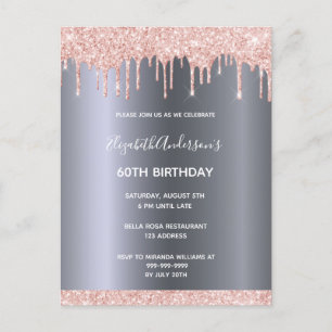60th birthday rose gold glitter drips invitation