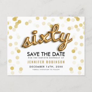 60th Birthday Save the Date Gold Balloons Glitter Aankondigingskaart