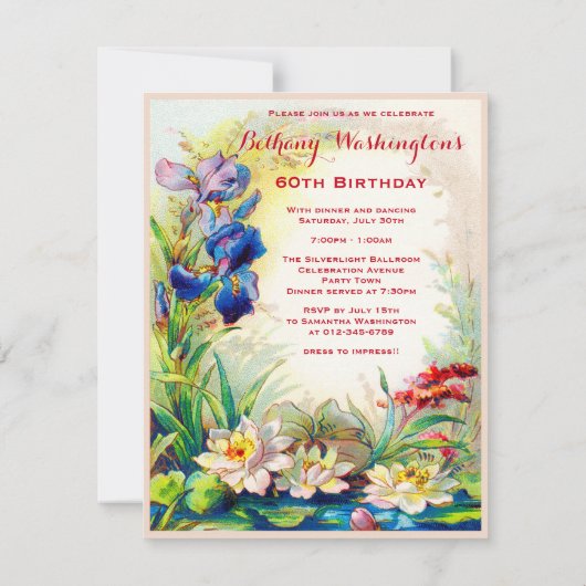 60th Birthday Waterlilies en Iris Flowers Kaart (Achterkant)