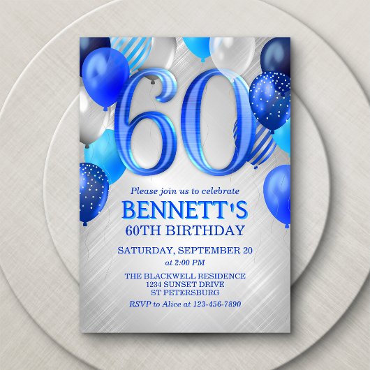 60th Mens Blue Anniversaire Invitation