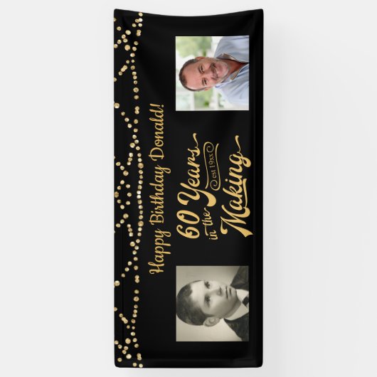 60th Verjaardag Retro Zwart Goud String Lights Fot Spandoek (Verticaal)