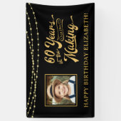 60th Verjaardag Zwart en Goud String Lights Foto Spandoek (Verticaal)