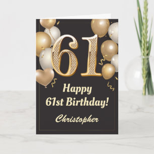 61e Birthday Black en Gold Balloons Confetti Kaart
