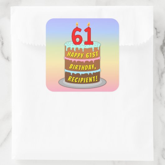 61e verjaardag: Fun Cake and Candles + Custom Name Vierkante Sticker (Tas)