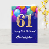 61e verjaardag marineblauw en goudkleurige ballonn kaart (Gele Bloem)