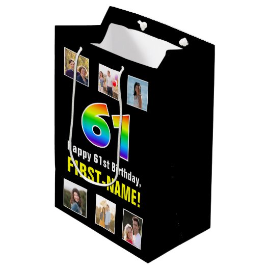 61e verjaardag: Regenboog "61", aangepaste foto's  Medium Cadeauzakje (Voorkant Gekanteld)