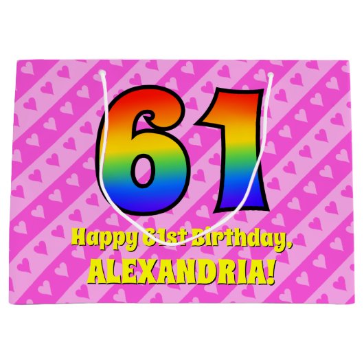 61e verjaardag: Roze strips & harten, regenboognr. Groot Cadeauzakje (Voorkant)