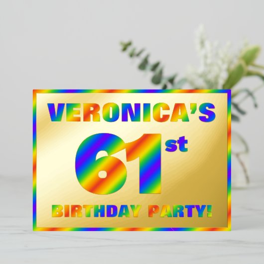 61e verjaardag van de Fun, regenboogspectrum "61" Folie Uitnodiging (Staand Voorkant)