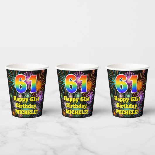 61e verjaardag: Vuurwerk Fun Pattern + Regenboog 6 Papieren Bekers (Multi)