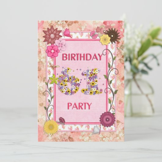 61e verjaardagsfeestuitnodiging met bloemenlijst kaart (Staand voorkant)