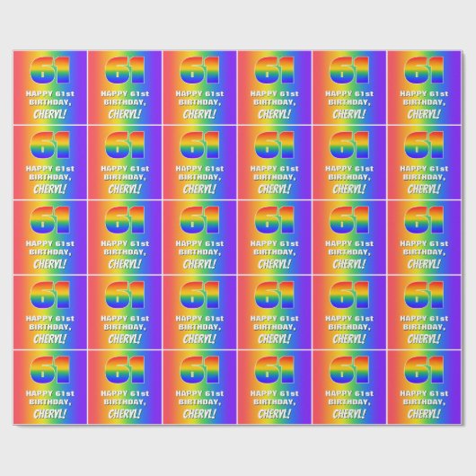 61ste verjaardag: kleurrijk, vun regenboogpatroon cadeaupapier (Vlak)