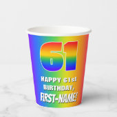 61ste verjaardag: kleurrijk, vun regenboogpatroon  papieren bekers (Achterkant)