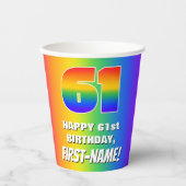 61ste verjaardag: kleurrijk, vun regenboogpatroon  papieren bekers (Voorkant)