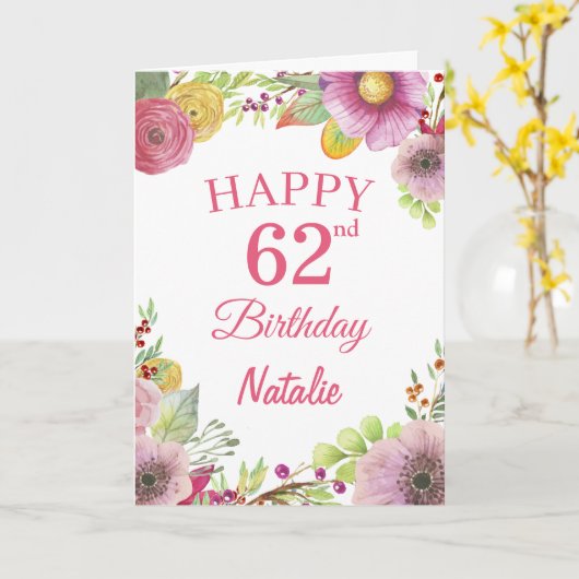 62e Anniversaire Carte rose Fleurs Florales (Fleur jaune)