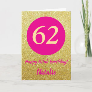 62e Happy Birthday Hot Pink en Gold Glitter Kaart