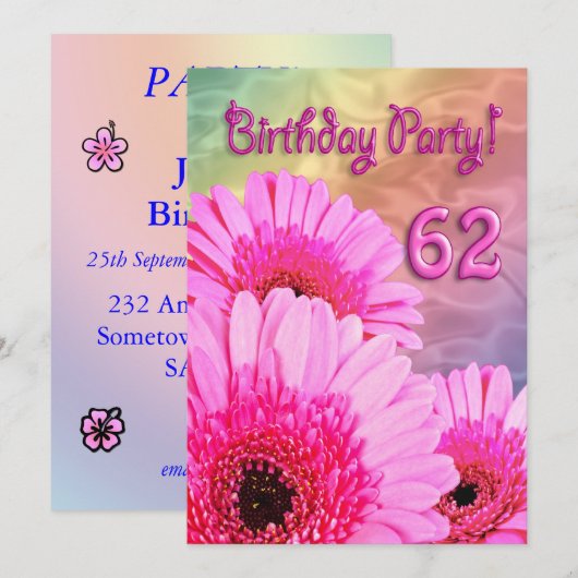 62e invitation à la fête d'anniversaire avec fleur (Devant / Derrière)