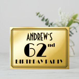 62e verjaardag — Art Deco look "62" + Naam Folie Uitnodiging
