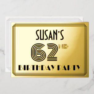 62e verjaardag — Art Deco Style "62" en naam Folie Uitnodiging