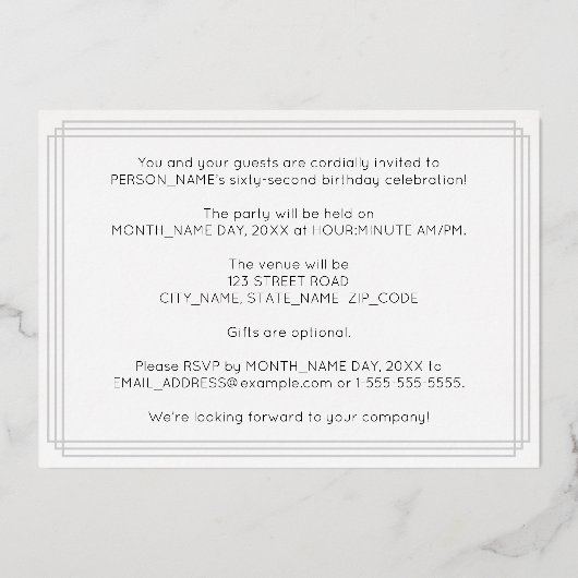 62e verjaardag — Art Deco Style "62" + Naam Folie Uitnodiging (Achterkant)