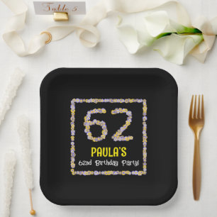62e verjaardag: Floral Flowers Number, Custom Name Papieren Bordje
