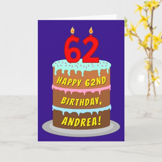 62e verjaardag: Fun Cake and Candles + Custom Name Kaart (Gele Bloem)