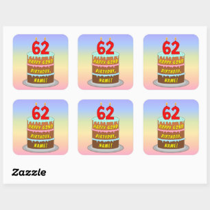 62e verjaardag: Fun Cake and Candles + Custom Name Vierkante Sticker