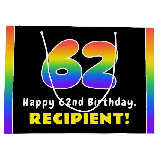 62e verjaardag: kleurrijke regenboog # 62, Naam va Groot Cadeauzakje (Achterkant)