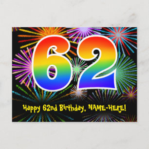 62e Verjaardag – Leuke Vuurwerk Patroon + Regenboo Briefkaart