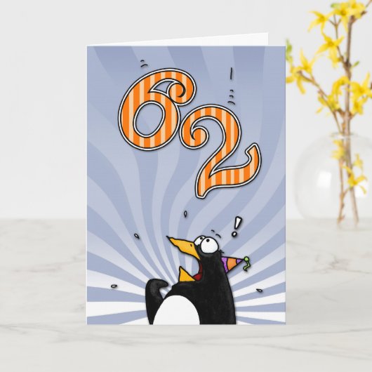 62e verjaardag - Penguin Surprise Kaart (Gele Bloem)