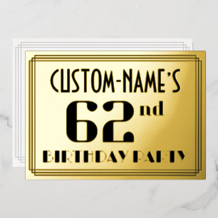 62ste verjaardagsfeest: Art Deco-look “62” en naam Folie Uitnodiging