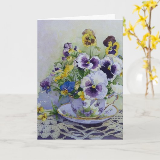 6300 Pansies in Teacup-Moederdag Kaart (Gele Bloem)