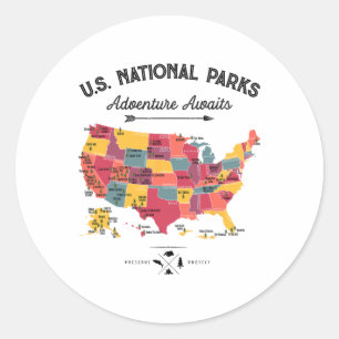 63 Nationale Parken Kaart Us Park Retro Vintage Ca Ronde Sticker