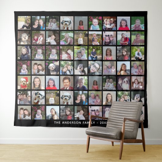 63 Square Photo Collage Grid met tekst - zwart Wandkleed (In Situ (horizontaal))