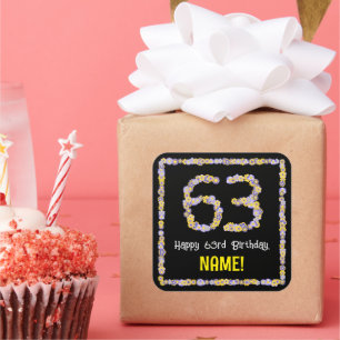 63e verjaardag: Floral Flowers Number, Custom Name Vierkante Sticker