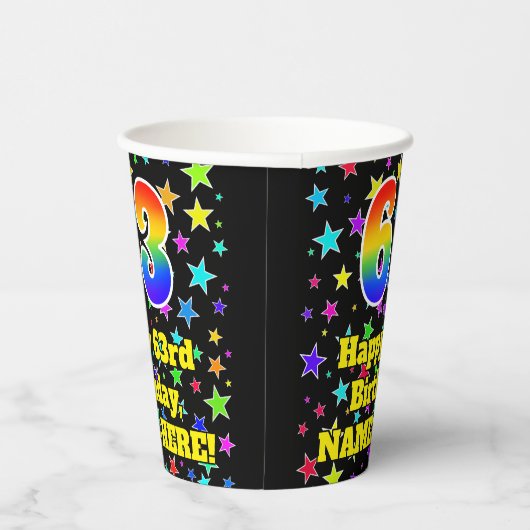63e verjaardag: Fun Stars Pattern en Rainbow 63 Papieren Bekers (Rechts)