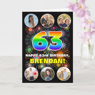 63e verjaardag: leuk regenboog #, aangepaste naam kaart