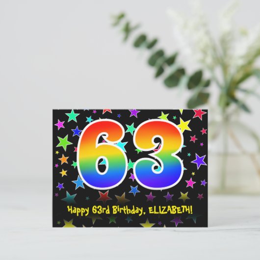 63e verjaardag: leuk sterrenpatroon, regenboog 63, briefkaart (Staand voorkant)