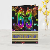 63e verjaardag met regenboogbubbels en vuurwerk kaart (Gele Bloem)