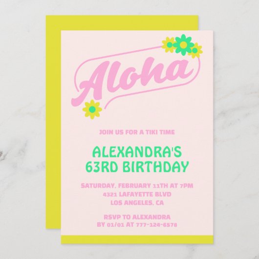 63e verjaardag uitnodigingen Tropical Aloha Pink (Voorkant / Achterkant)