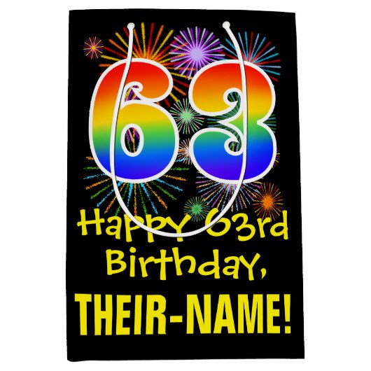 63e verjaardag: Vuurwerk Fun Pattern + Regenboog 6 Medium Cadeauzakje (Voorkant)