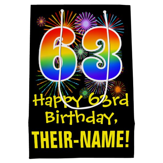 63e verjaardag: Vuurwerk Fun Pattern + Regenboog 6 Medium Cadeauzakje (Achterkant)